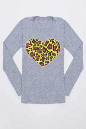 Grey Leopard Heart Long Sleeve Trendy Tee - Girls