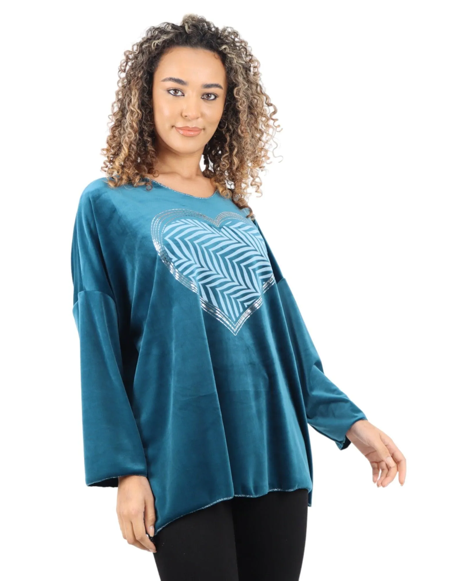Heart Print Velour Long Sleeve Round Neck  Tunic Top