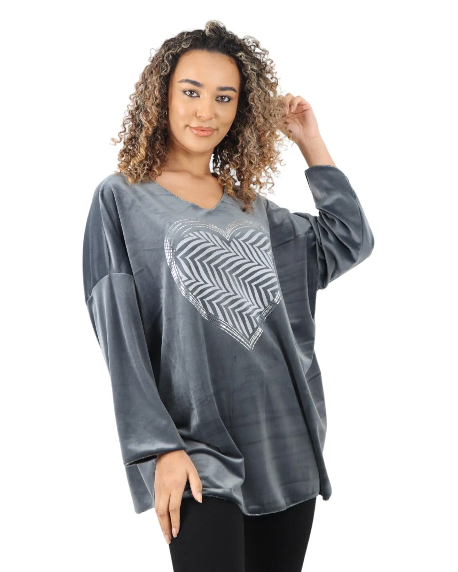 Heart Print Velour Long Sleeve Round Neck  Tunic Top