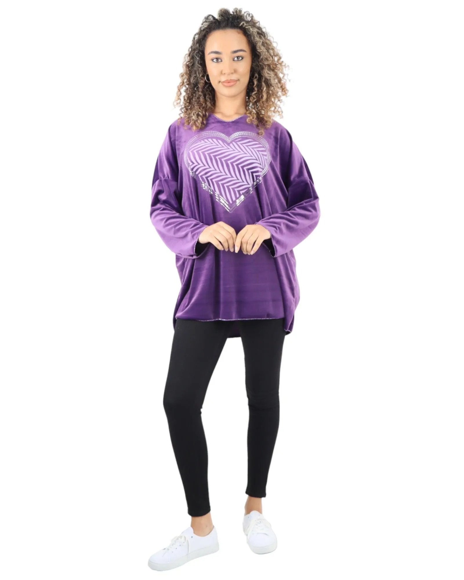 Heart Print Velour Long Sleeve Round Neck  Tunic Top