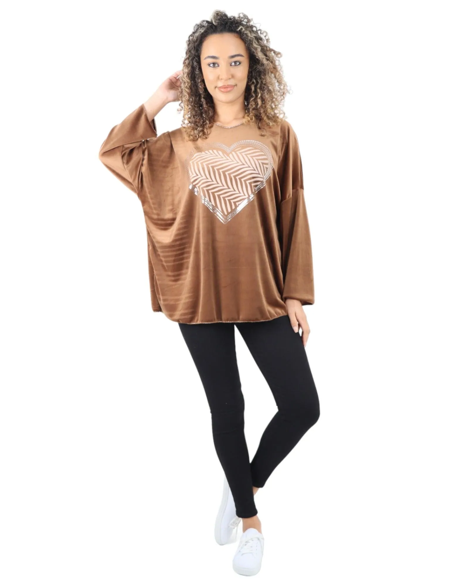 Heart Print Velour Long Sleeve Round Neck  Tunic Top