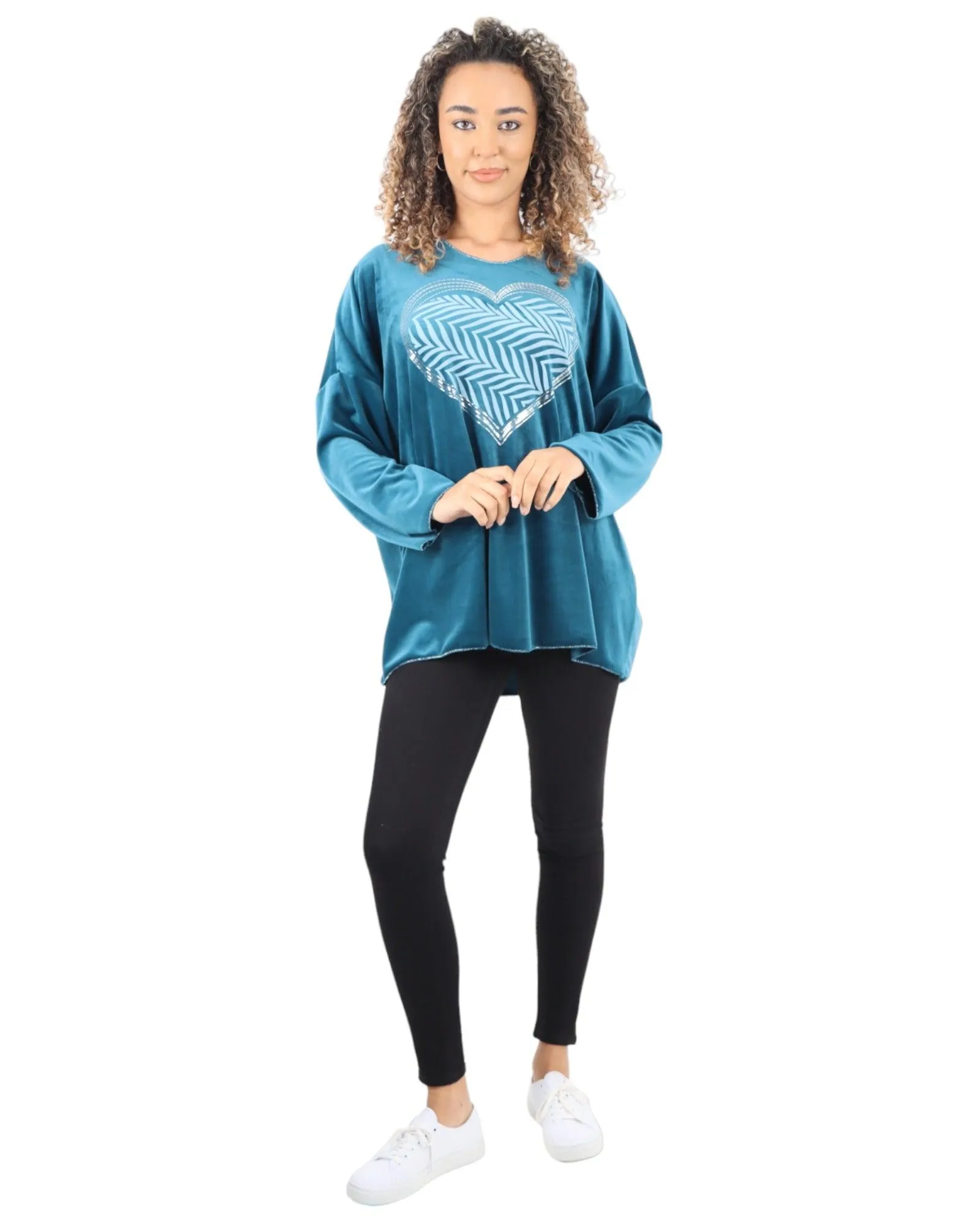 Heart Print Velour Long Sleeve Round Neck  Tunic Top