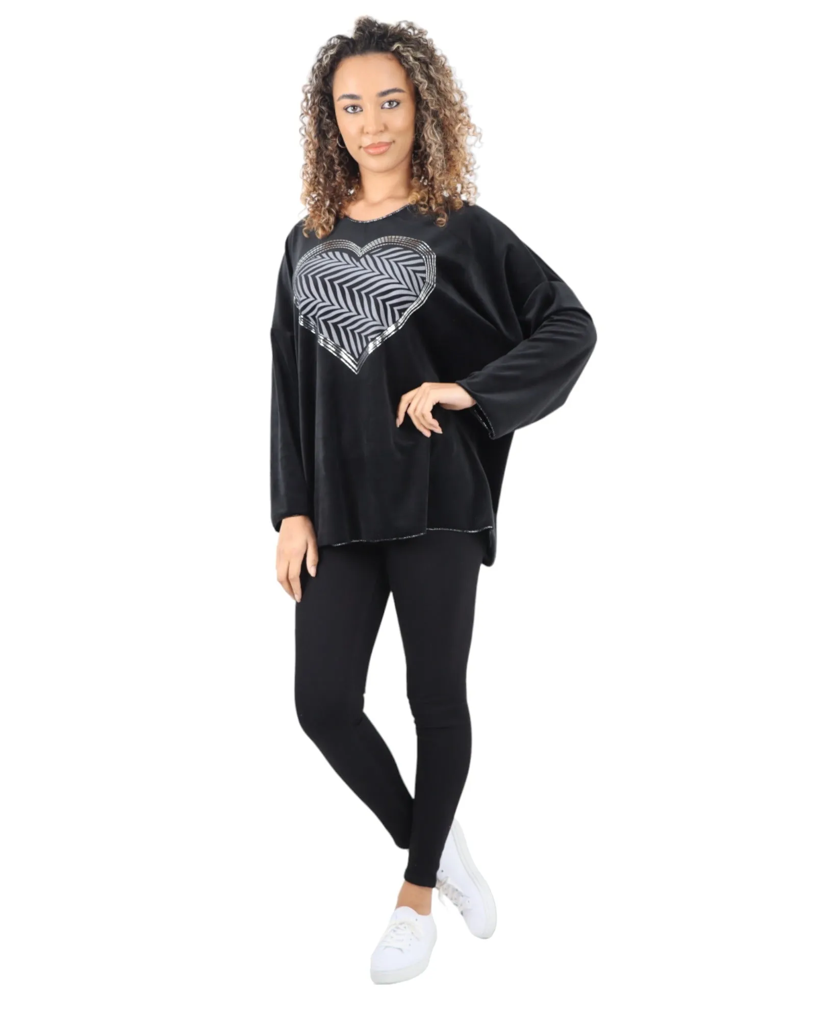 Heart Print Velour Long Sleeve Round Neck  Tunic Top