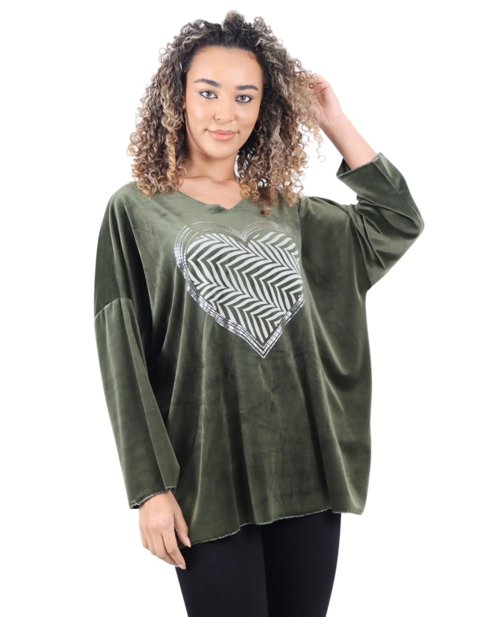 Heart Print Velour Long Sleeve Round Neck  Tunic Top