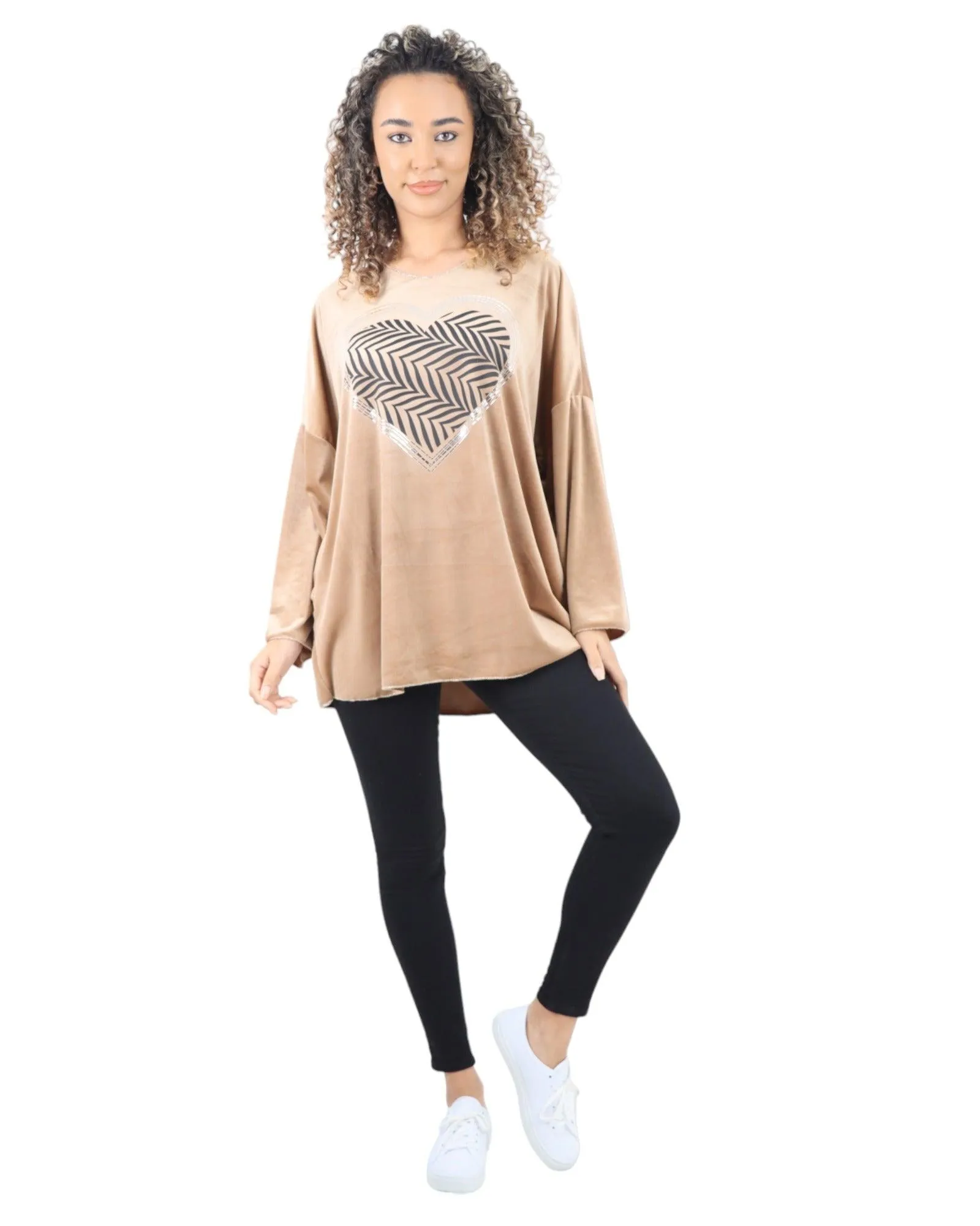 Heart Print Velour Long Sleeve Round Neck  Tunic Top