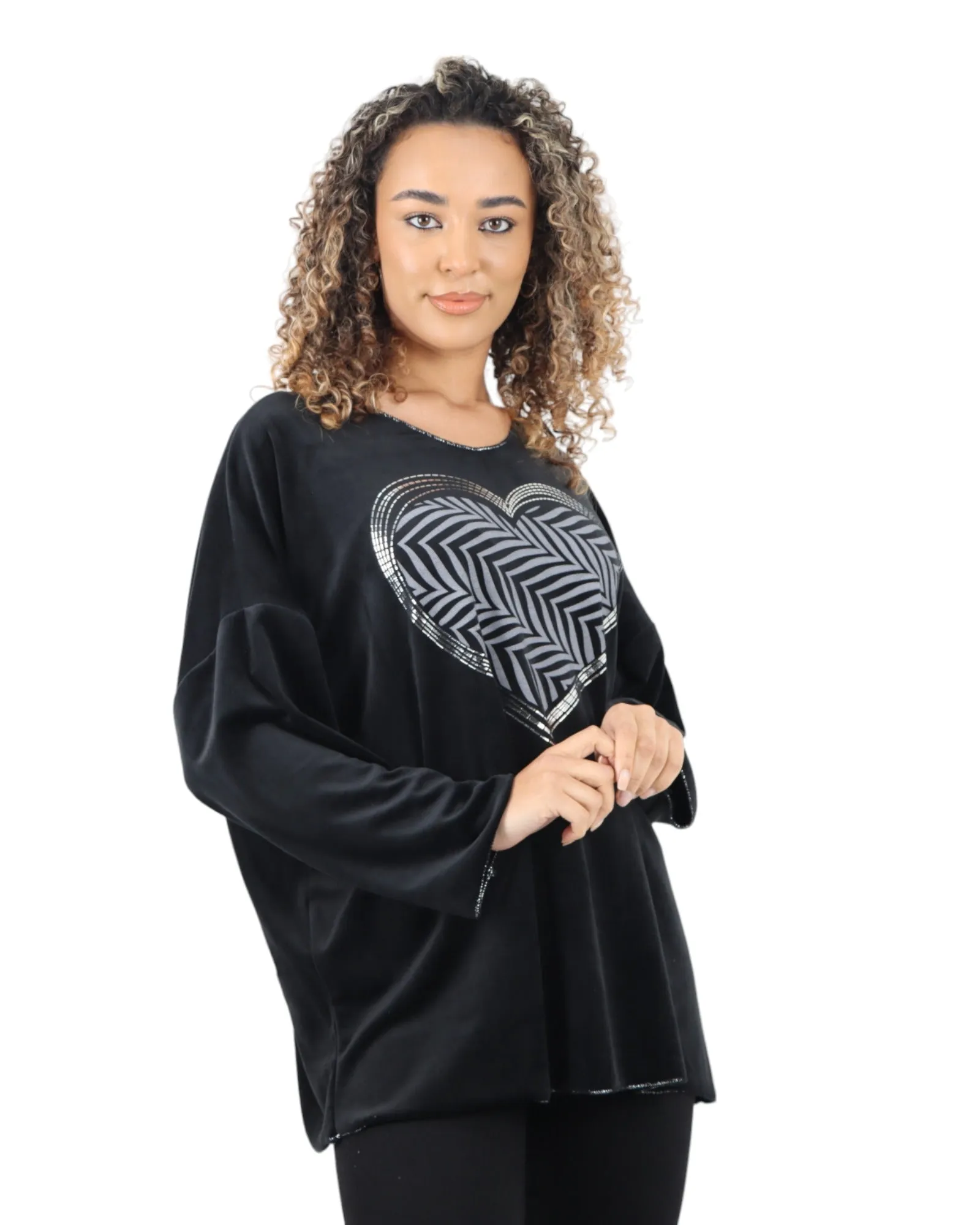 Heart Print Velour Long Sleeve Round Neck  Tunic Top