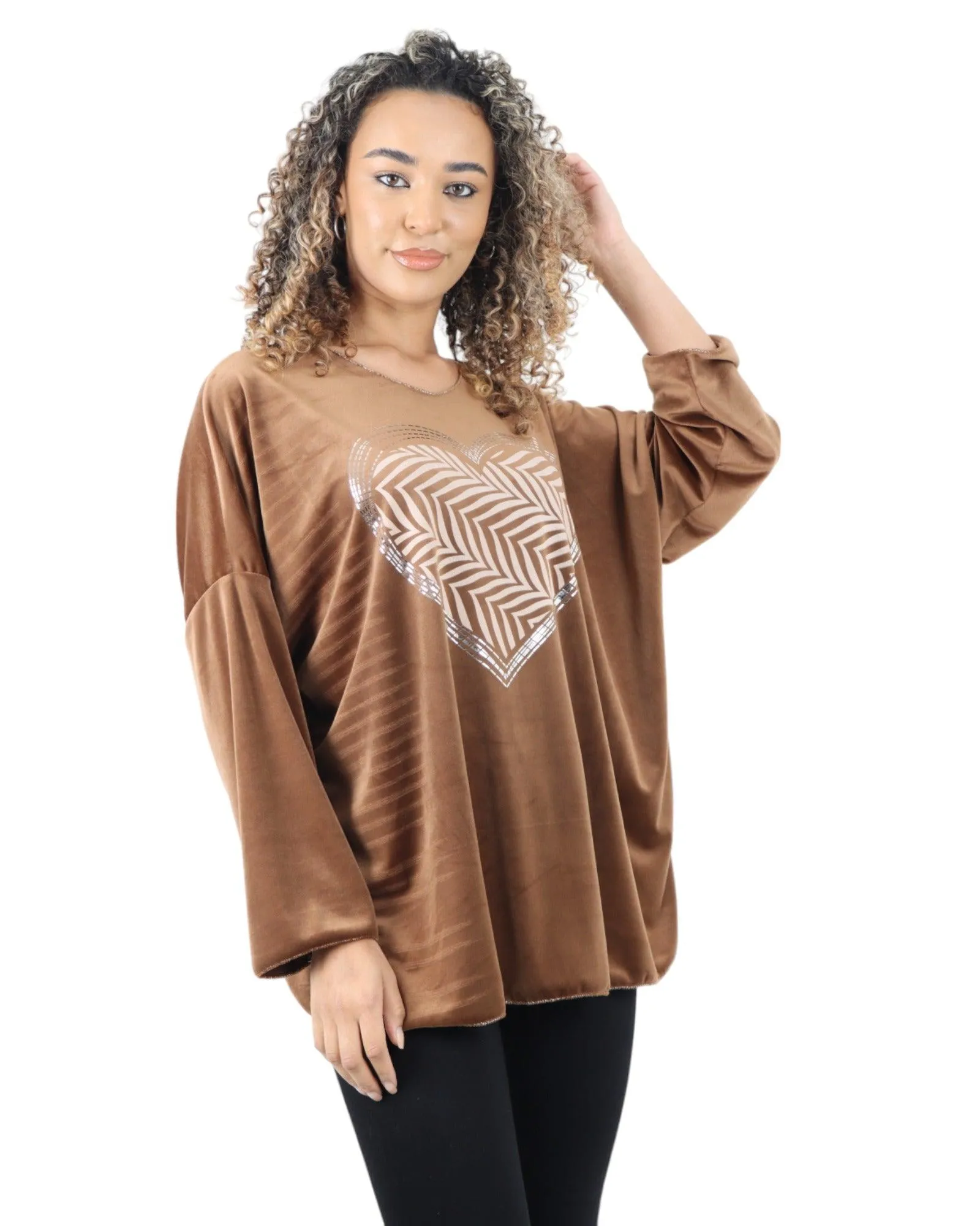 Heart Print Velour Long Sleeve Round Neck  Tunic Top