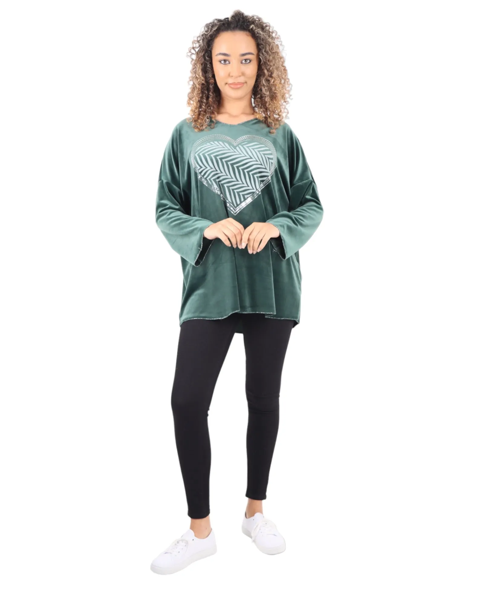 Heart Print Velour Long Sleeve Round Neck  Tunic Top