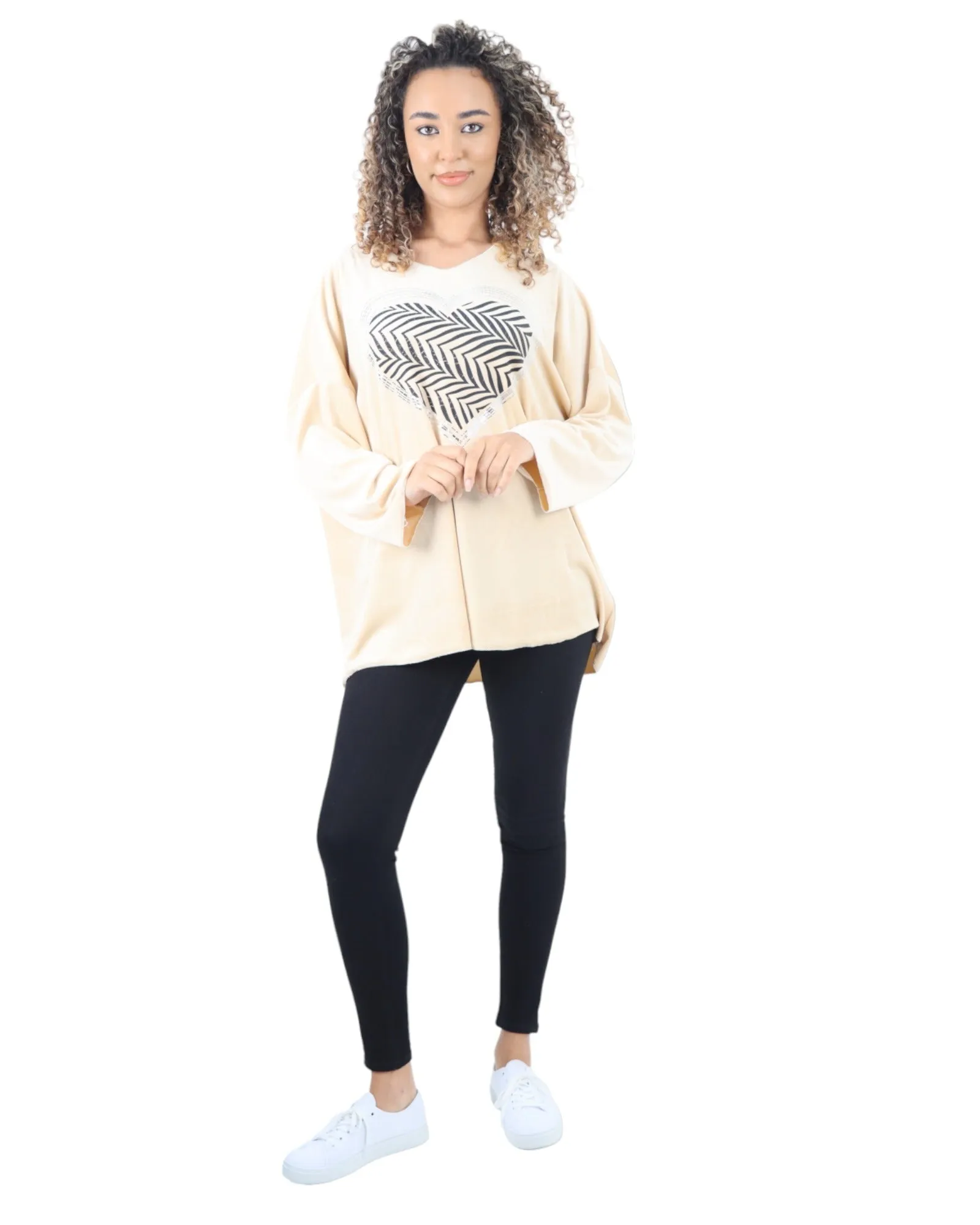 Heart Print Velour Long Sleeve Round Neck  Tunic Top