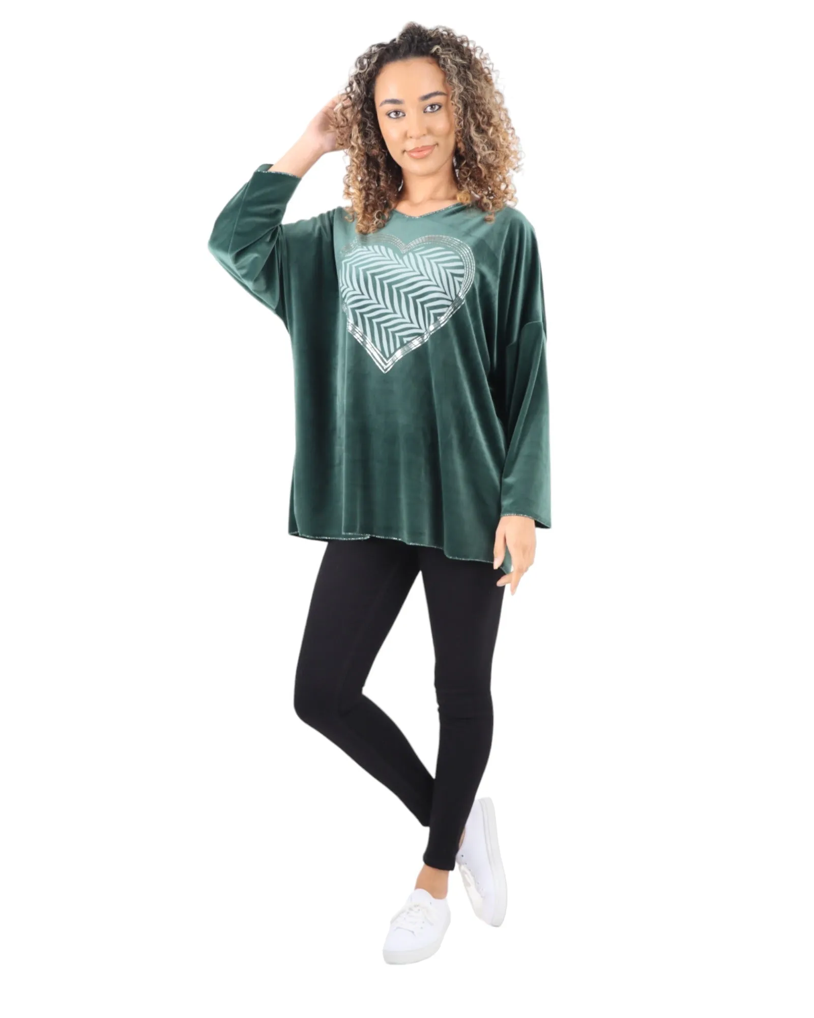 Heart Print Velour Long Sleeve Round Neck  Tunic Top