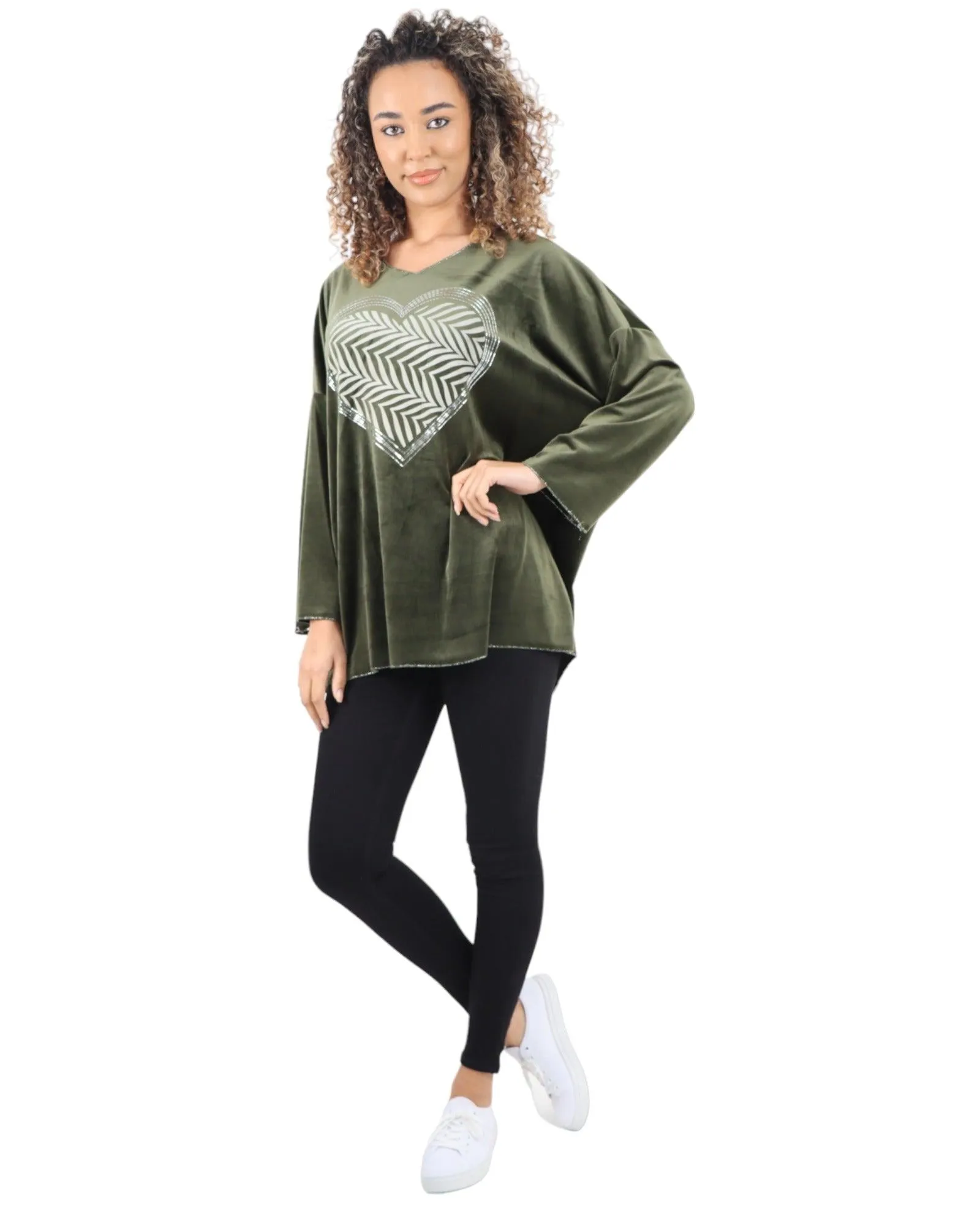 Heart Print Velour Long Sleeve Round Neck  Tunic Top