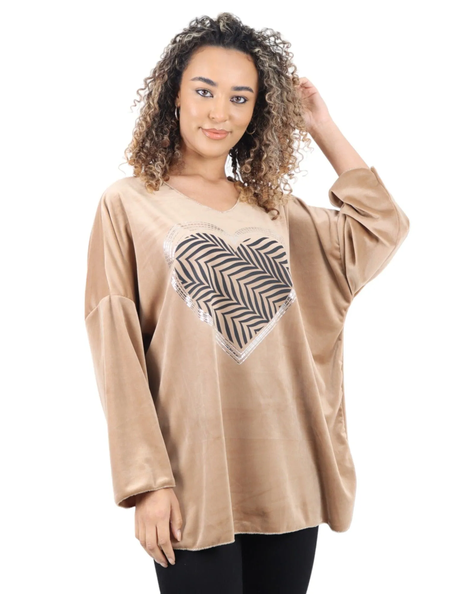 Heart Print Velour Long Sleeve Round Neck  Tunic Top