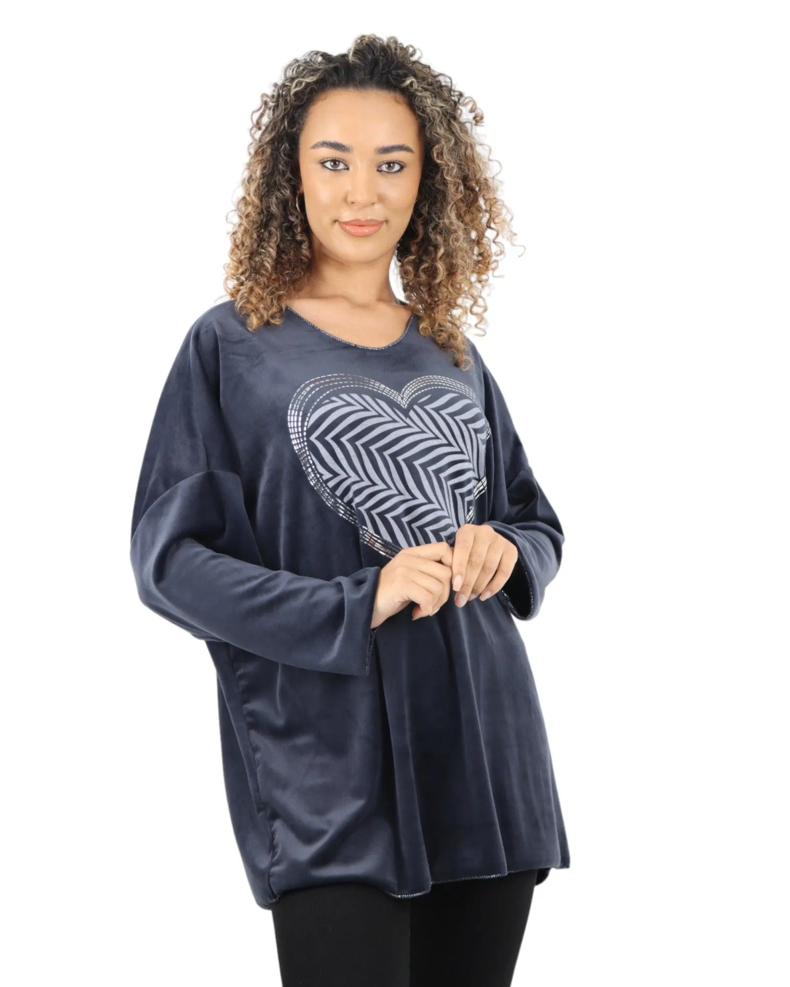 Heart Print Velour Long Sleeve Round Neck  Tunic Top