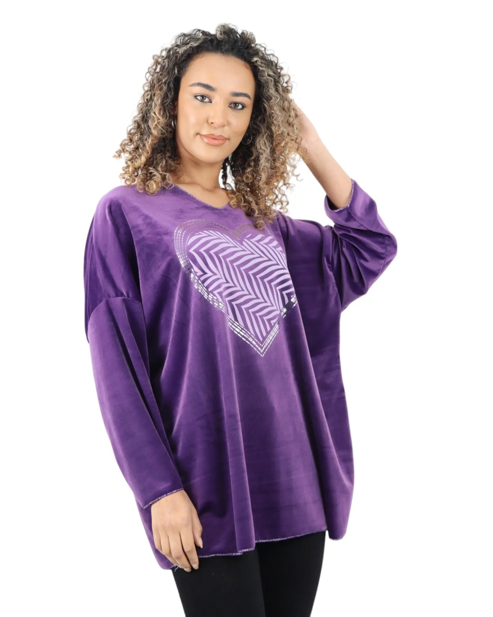 Heart Print Velour Long Sleeve Round Neck  Tunic Top
