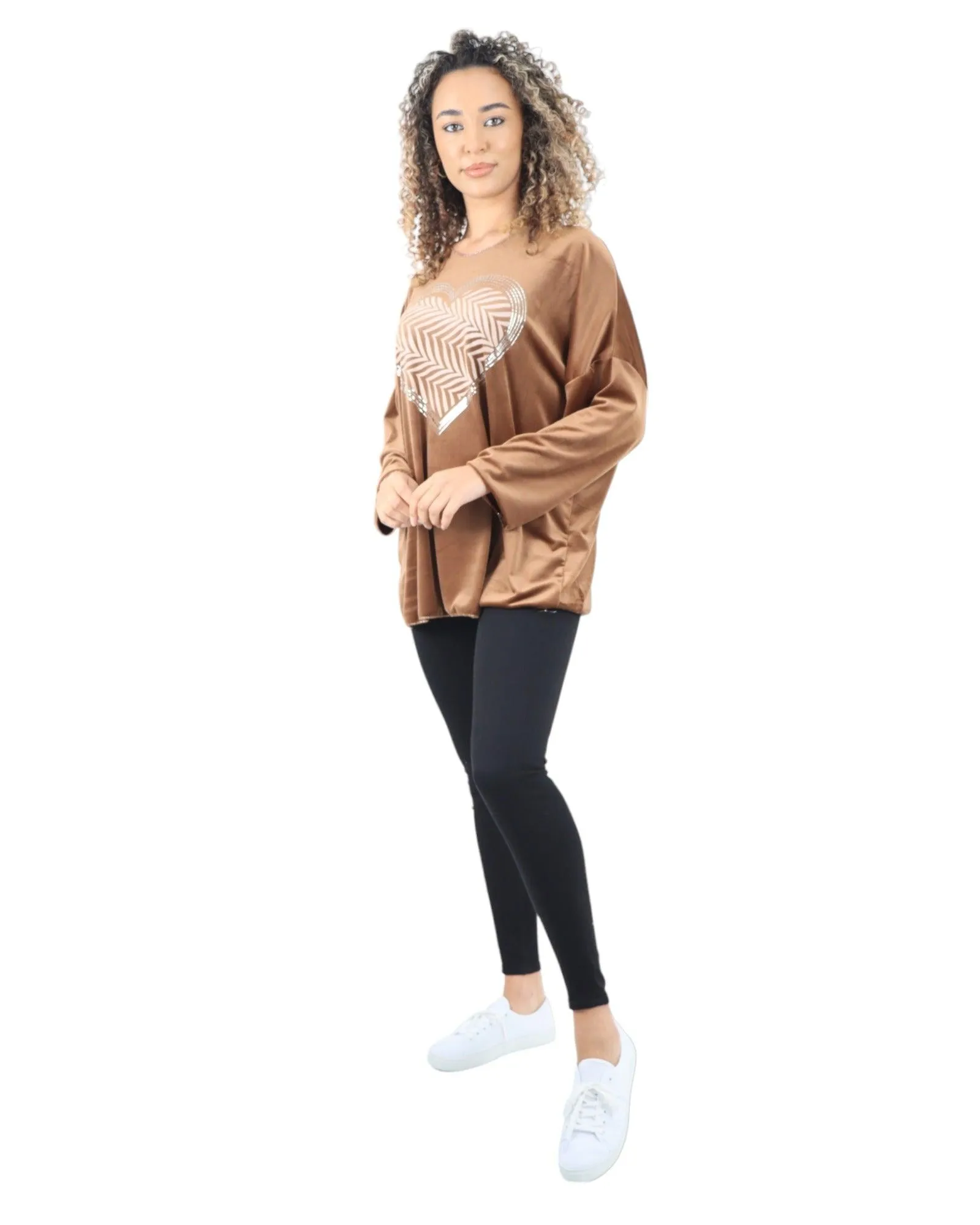 Heart Print Velour Long Sleeve Round Neck  Tunic Top