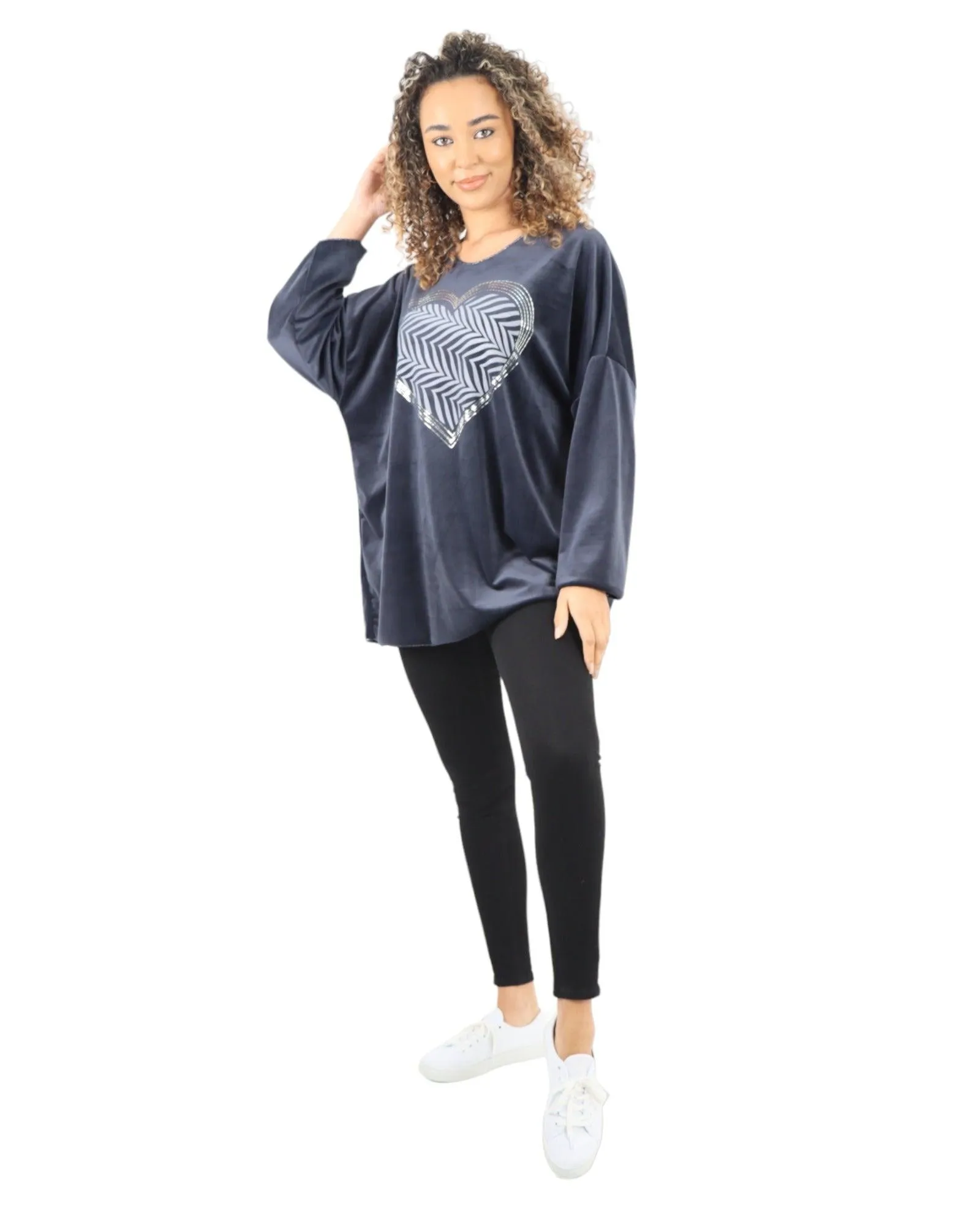 Heart Print Velour Long Sleeve Round Neck  Tunic Top