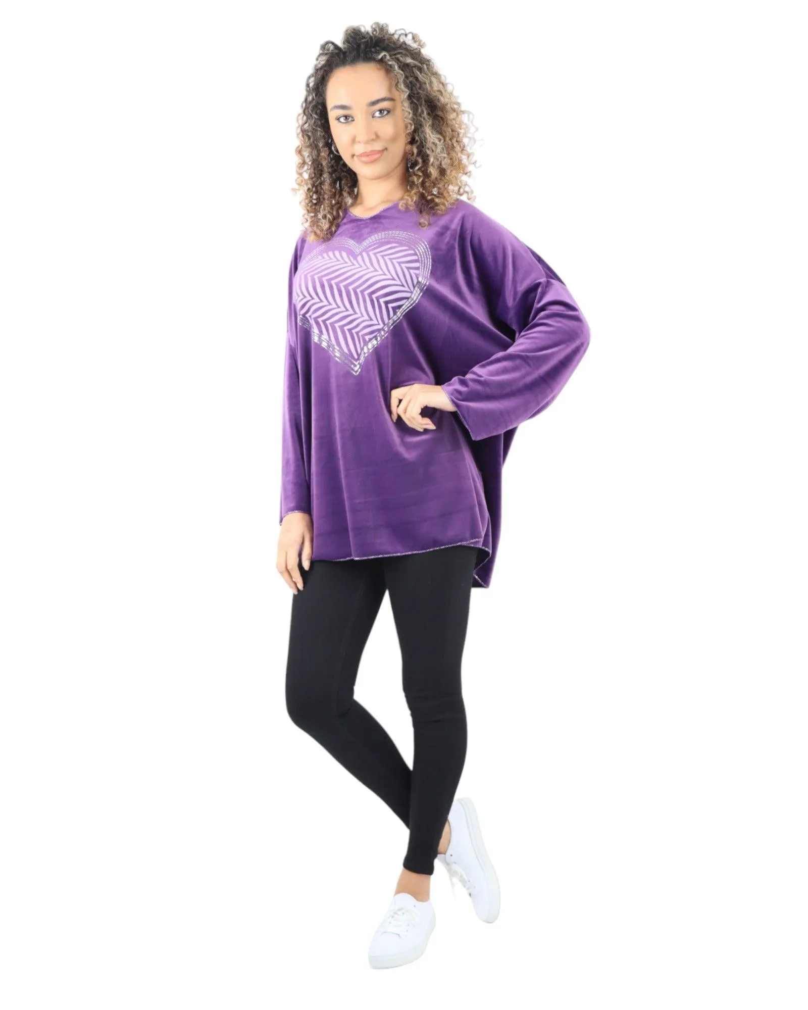 Heart Print Velour Long Sleeve Round Neck  Tunic Top