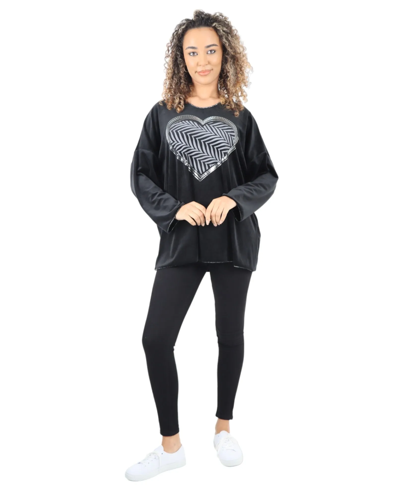 Heart Print Velour Long Sleeve Round Neck  Tunic Top