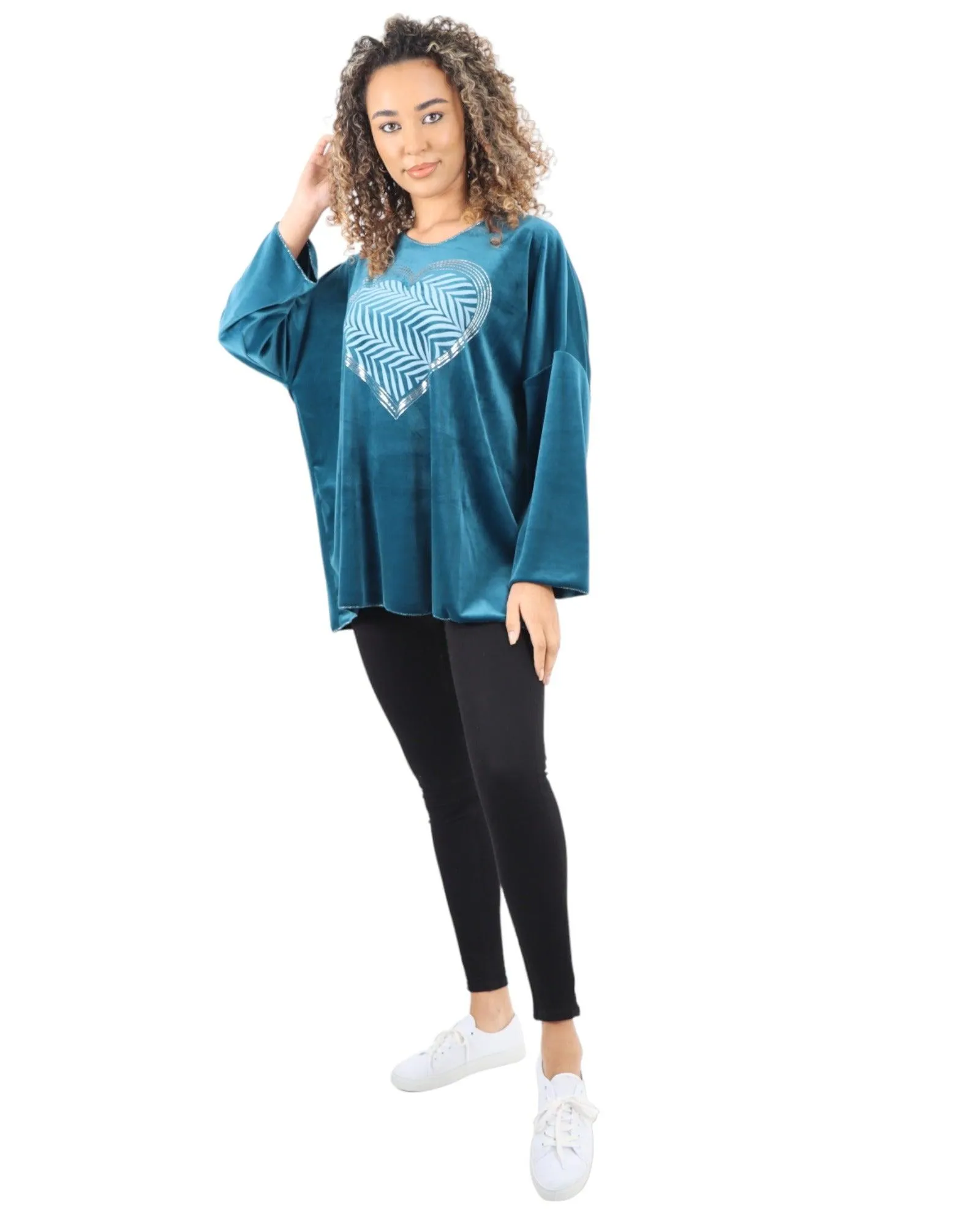 Heart Print Velour Long Sleeve Round Neck  Tunic Top