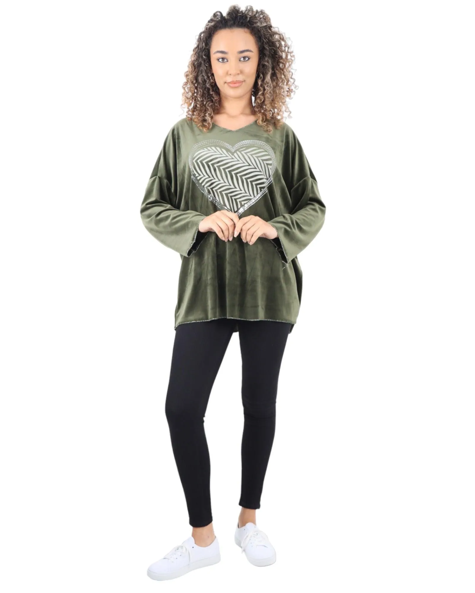 Heart Print Velour Long Sleeve Round Neck  Tunic Top