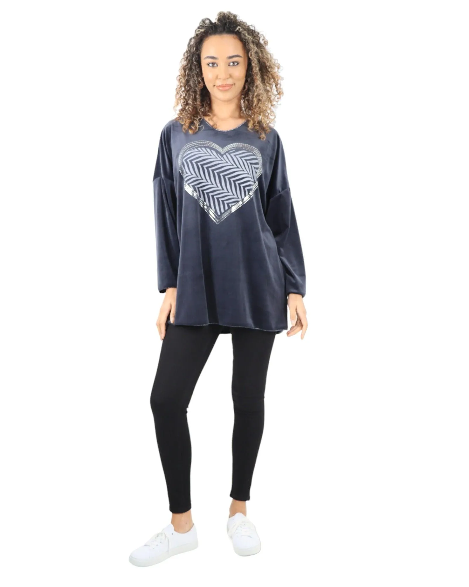 Heart Print Velour Long Sleeve Round Neck  Tunic Top
