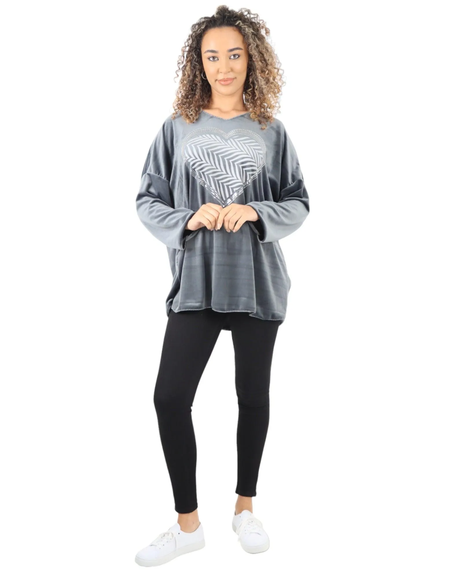 Heart Print Velour Long Sleeve Round Neck  Tunic Top