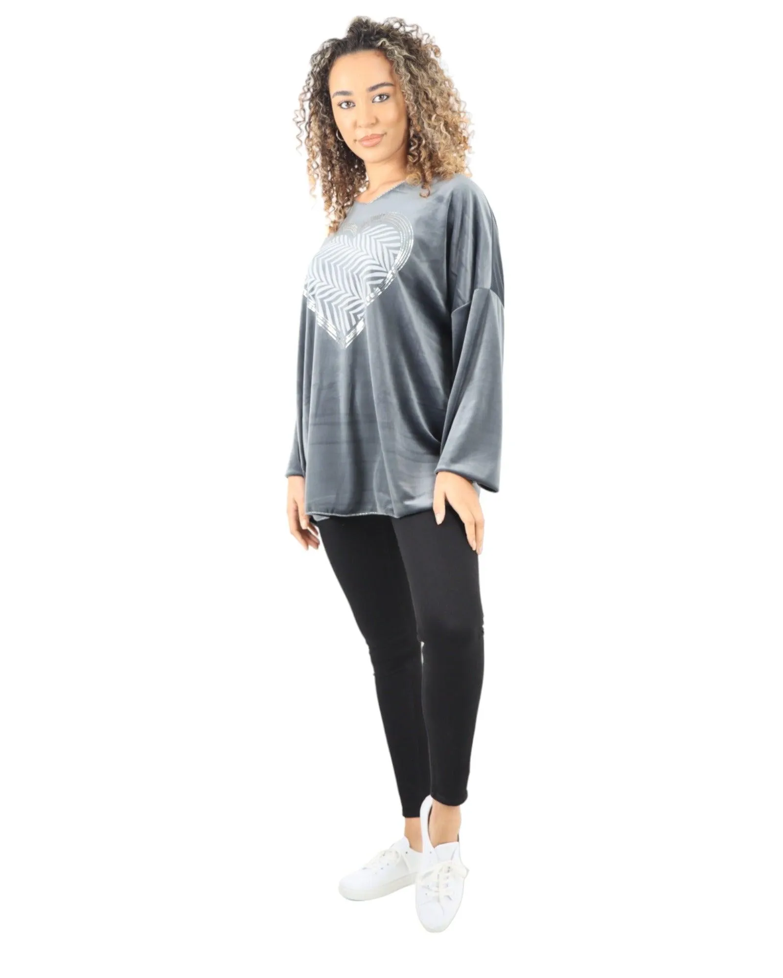 Heart Print Velour Long Sleeve Round Neck  Tunic Top