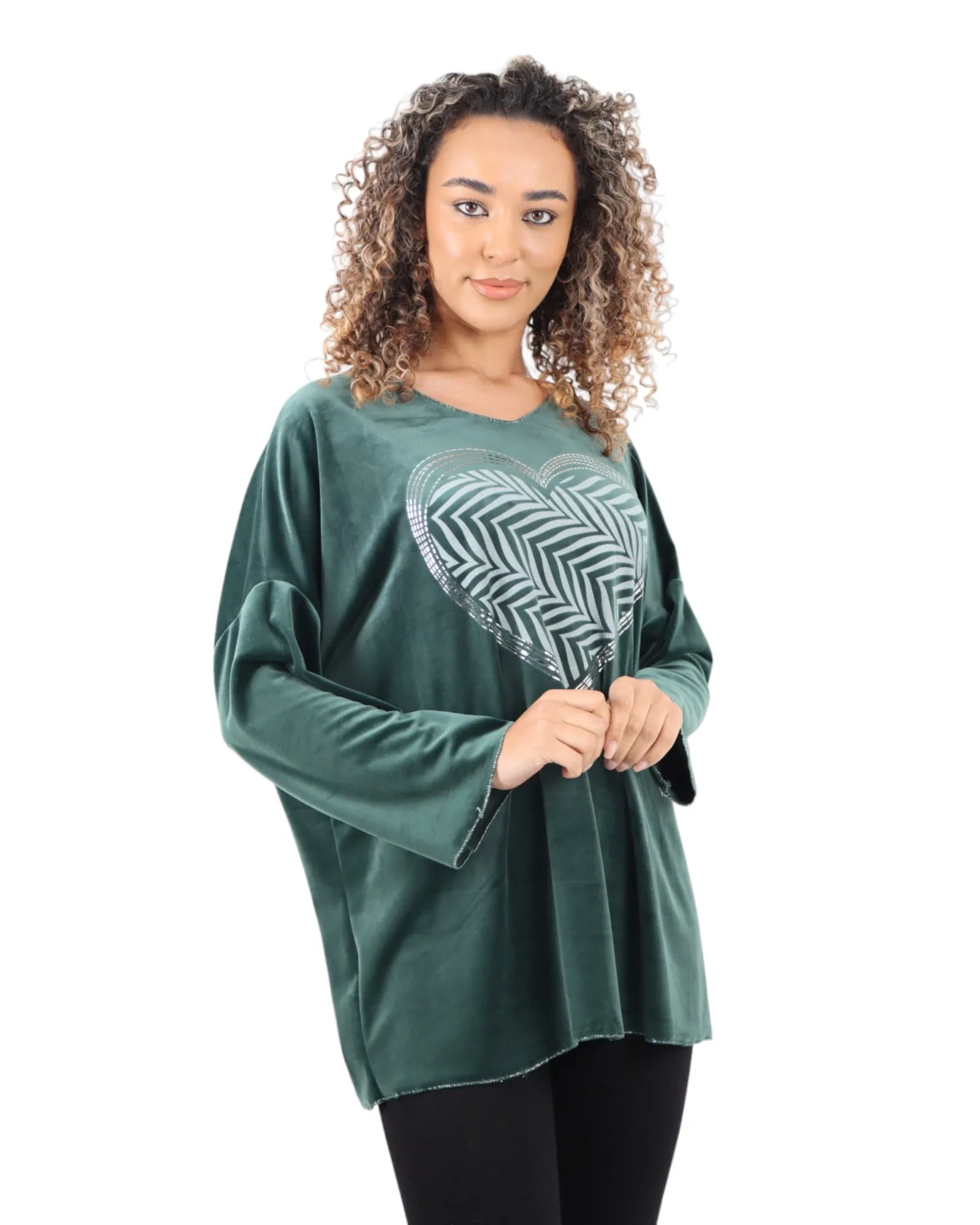 Heart Print Velour Long Sleeve Round Neck  Tunic Top