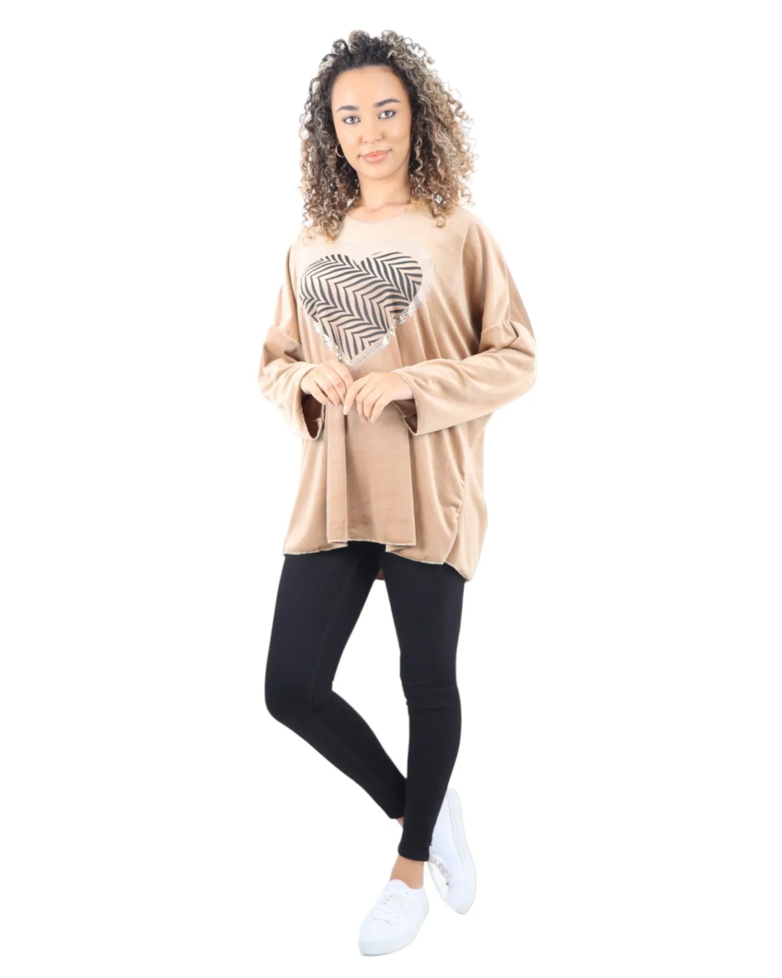 Heart Print Velour Long Sleeve Round Neck  Tunic Top