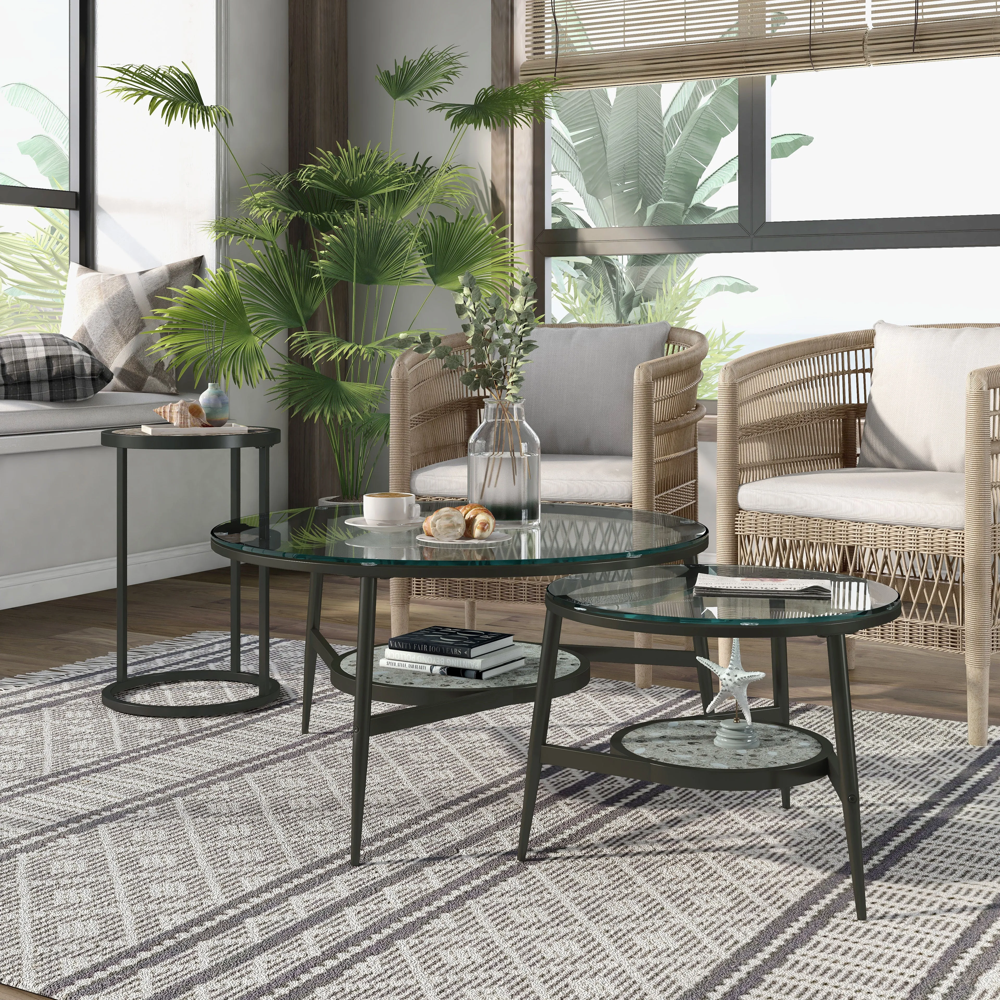 Isla-Mae Glass & Stone-like Powder Coated Round 3-Piece Accent Tables