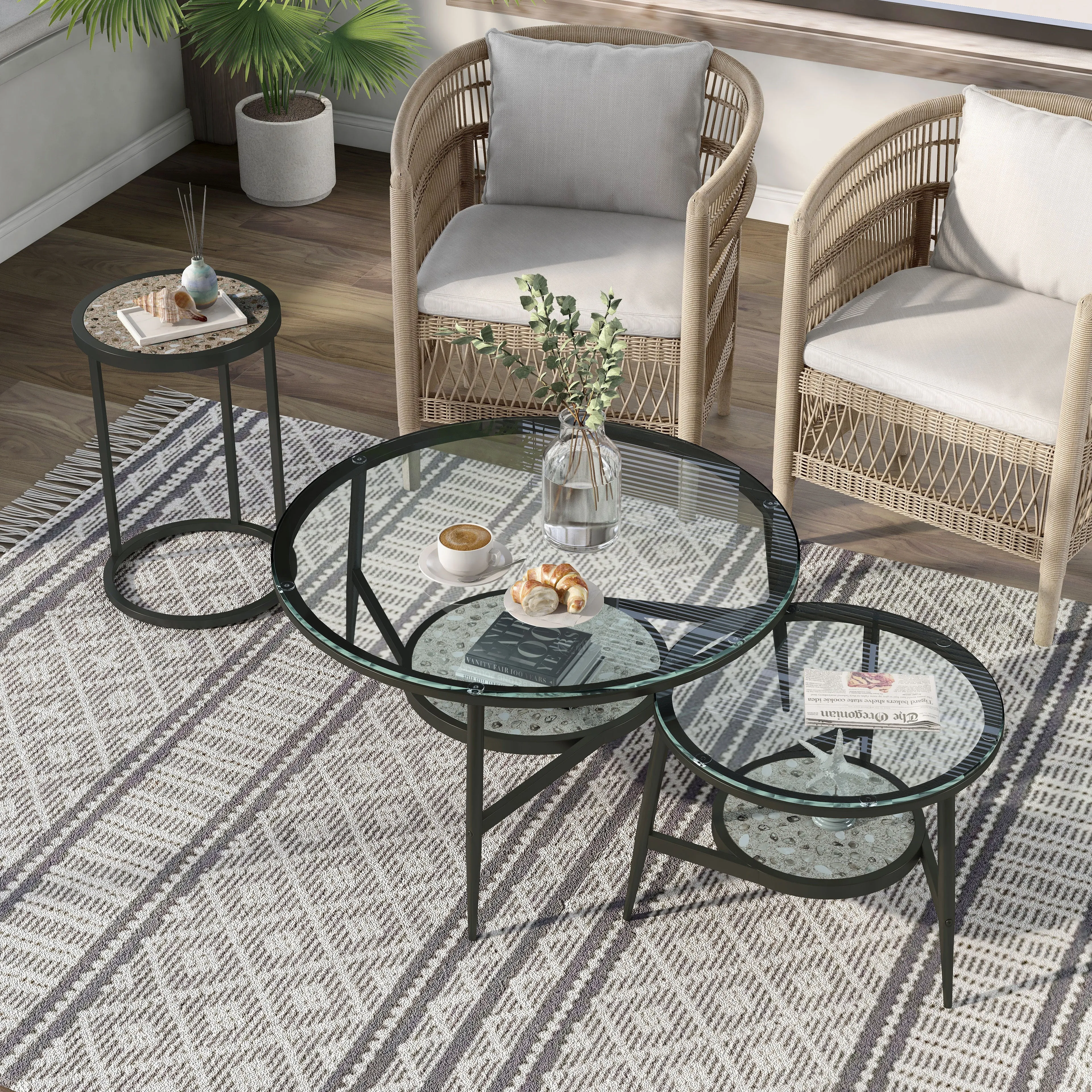 Isla-Mae Glass & Stone-like Powder Coated Round 3-Piece Accent Tables