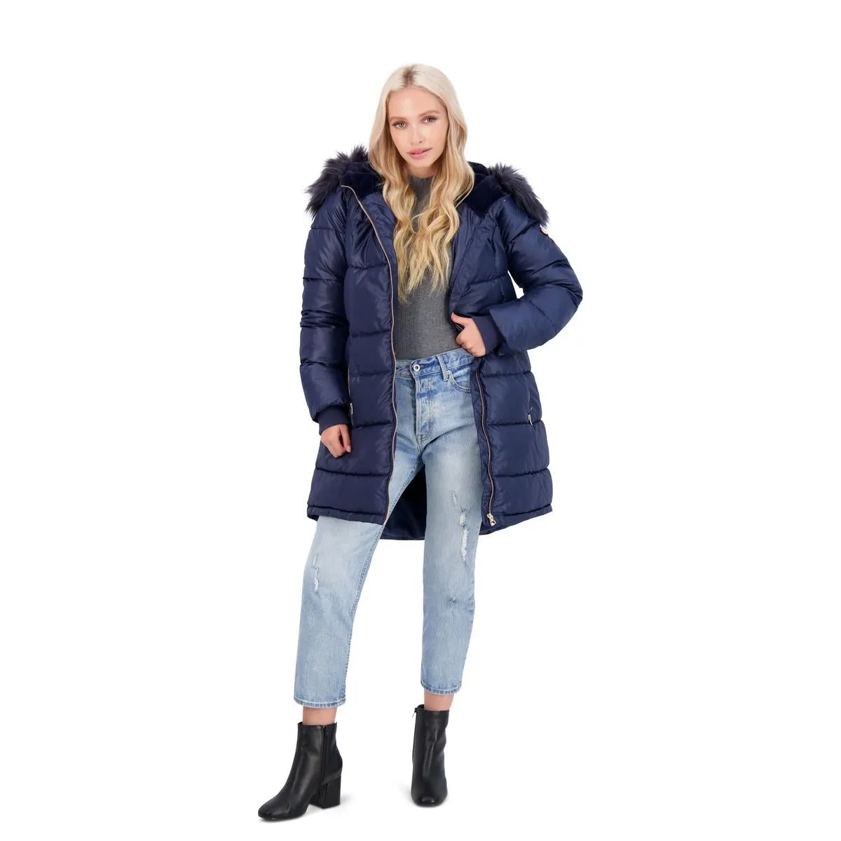 Jessica Simpson Puffer Coat For Women - Quilted Winter Coat w/ Faux Fur Hood