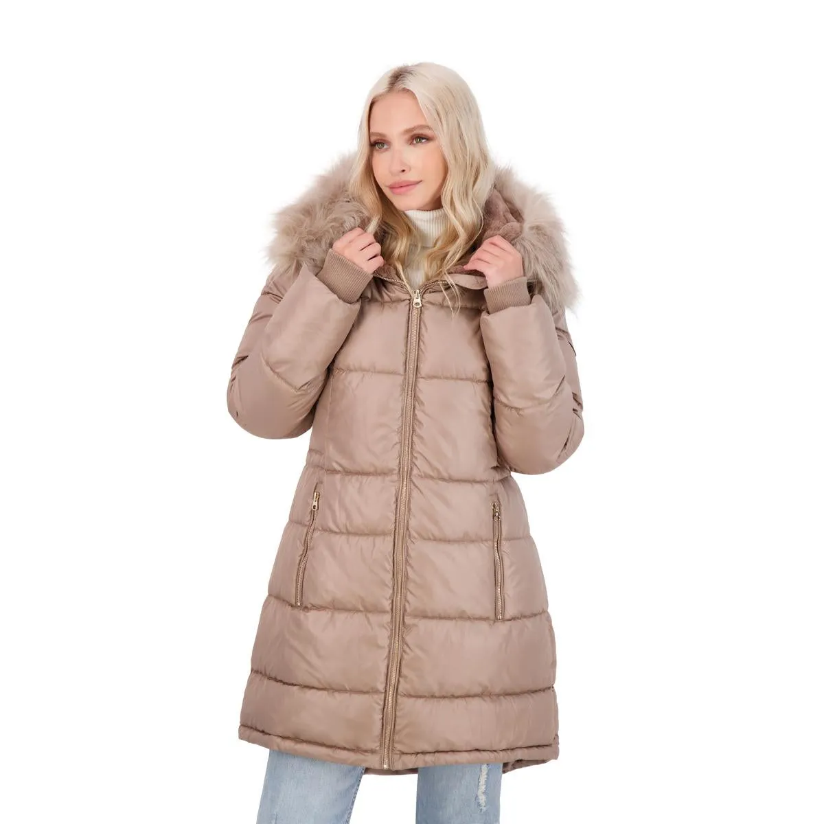 Jessica Simpson Puffer Coat For Women - Quilted Winter Coat w/ Faux Fur Hood