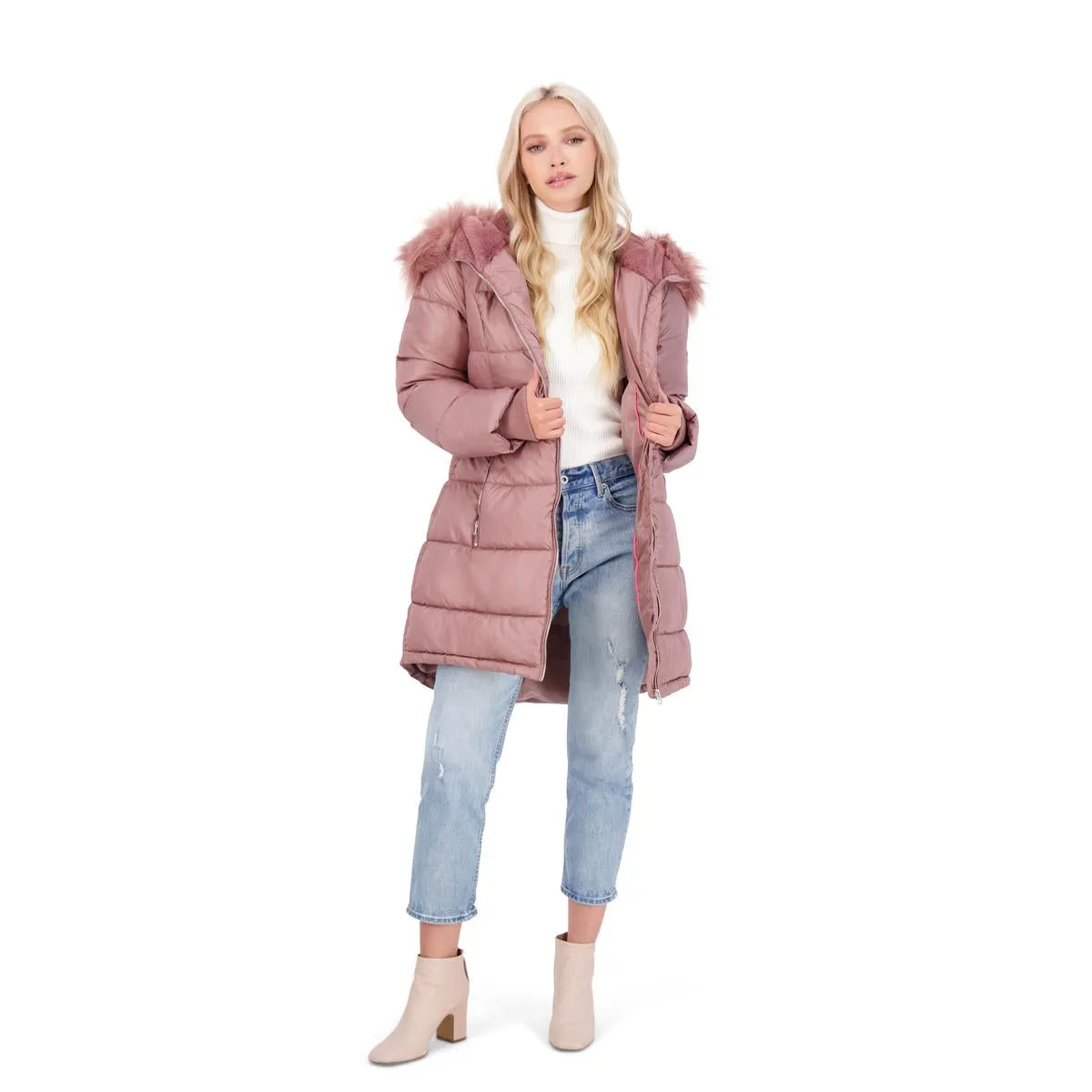 Jessica Simpson Puffer Coat For Women - Quilted Winter Coat w/ Faux Fur Hood