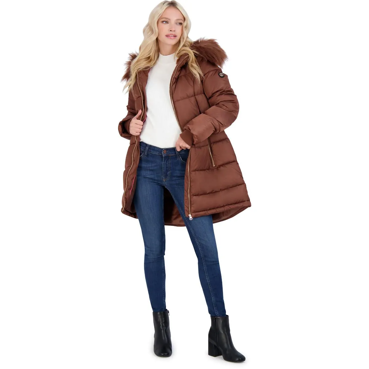 Jessica Simpson Puffer Coat For Women - Quilted Winter Coat w/ Faux Fur Hood