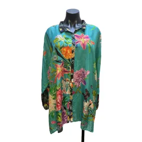 Johnny Was Silk Teal Floral Butterfly Print Button-Up Tunic Top w/Long Sleeves Size L