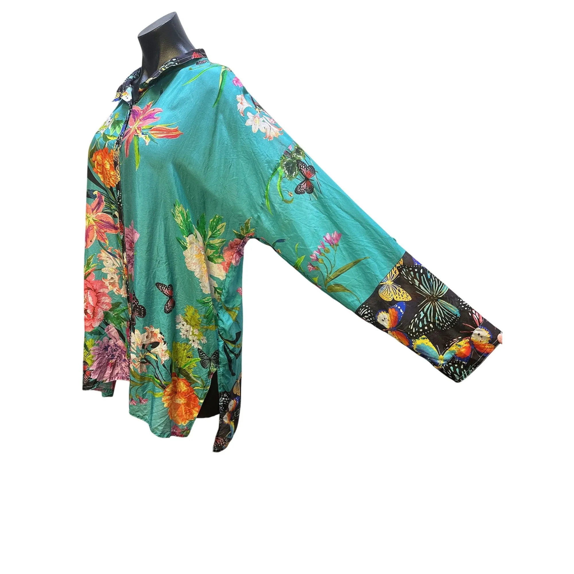 Johnny Was Silk Teal Floral Butterfly Print Button-Up Tunic Top w/Long Sleeves Size L