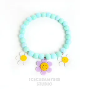 Lavender Smile Daisy with Aqua Mint Blue Beads Pet Necklace & Human Matching Bracelet Set