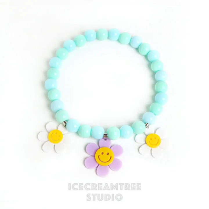 Lavender Smile Daisy with Aqua Mint Blue Beads Pet Necklace & Human Matching Bracelet Set