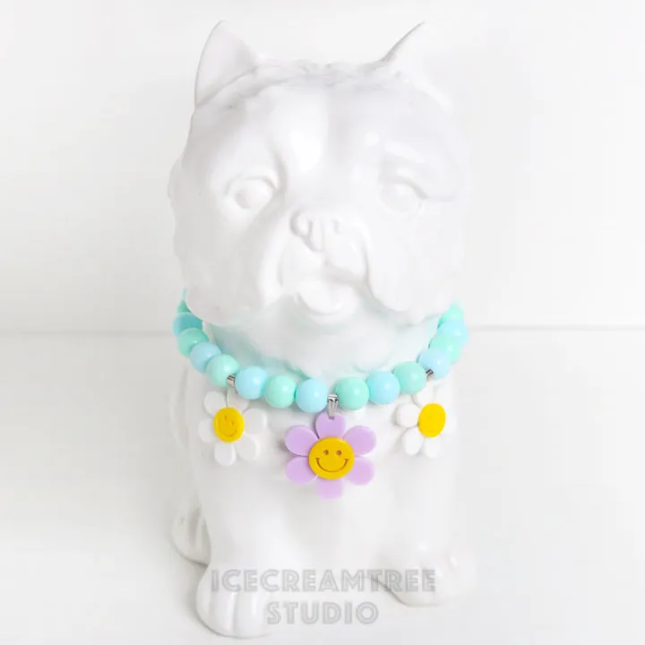Lavender Smile Daisy with Aqua Mint Blue Beads Pet Necklace & Human Matching Bracelet Set