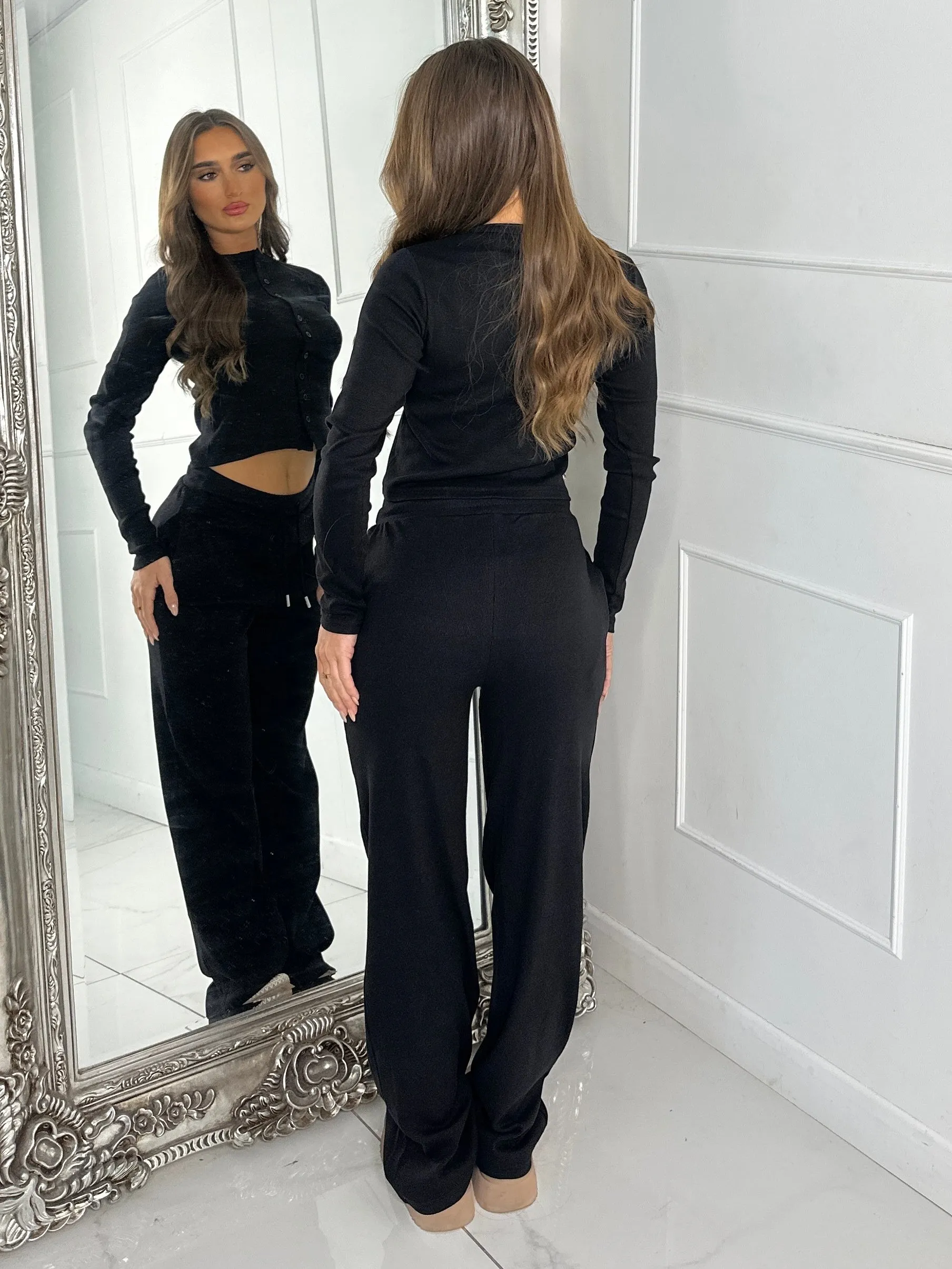 Long Sleeve Button Up Detail Top & Flared Pants - Black