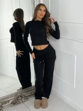 Long Sleeve Button Up Detail Top & Flared Pants - Black