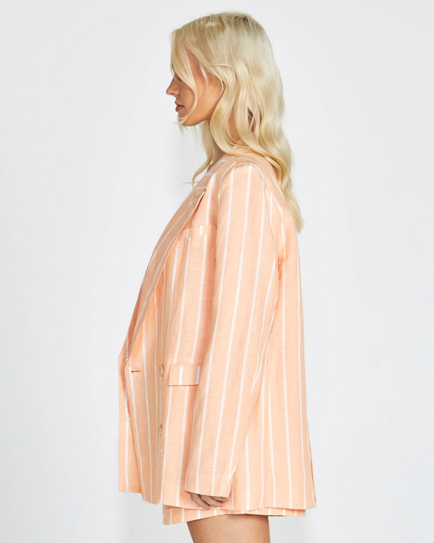 Lydia Striped Double Breasted Linen-Blend Blazer - Peach Stripe