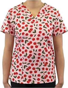 Maevn Women's V-Neck Print Scrub Top 1767 CBRS Cherries Berries <br> Sizes XS to 3XL