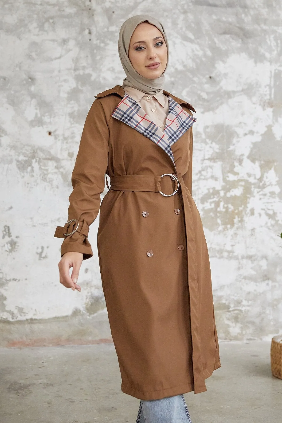 MDS Women Eleta Double-Breasted Checkered Trench Coat - Tan - Laeken