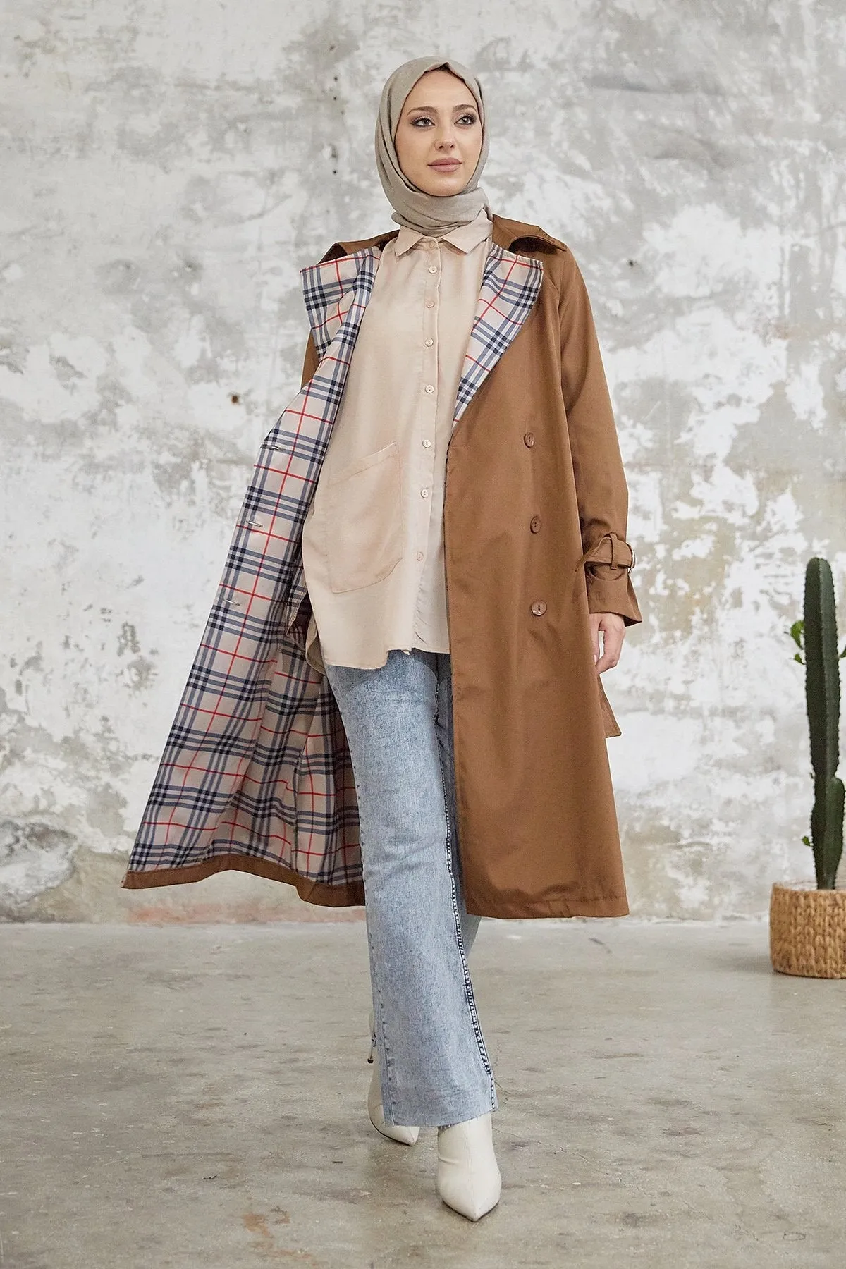 MDS Women Eleta Double-Breasted Checkered Trench Coat - Tan - Laeken