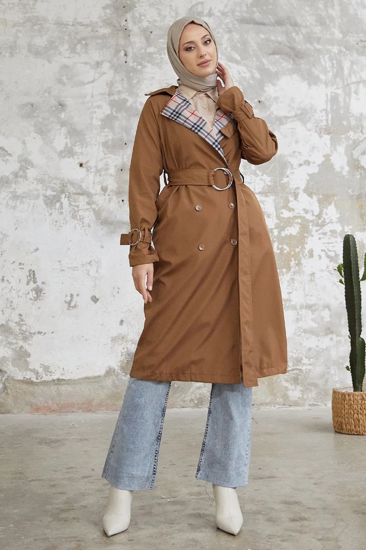 MDS Women Eleta Double-Breasted Checkered Trench Coat - Tan - Laeken