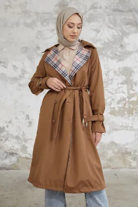 MDS Women Eleta Double-Breasted Checkered Trench Coat - Tan - Laeken
