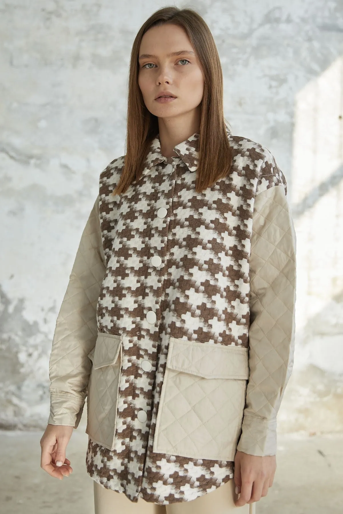 MDS Women Herringbone Pattern Quilted Jacket - Brown - Saint John
