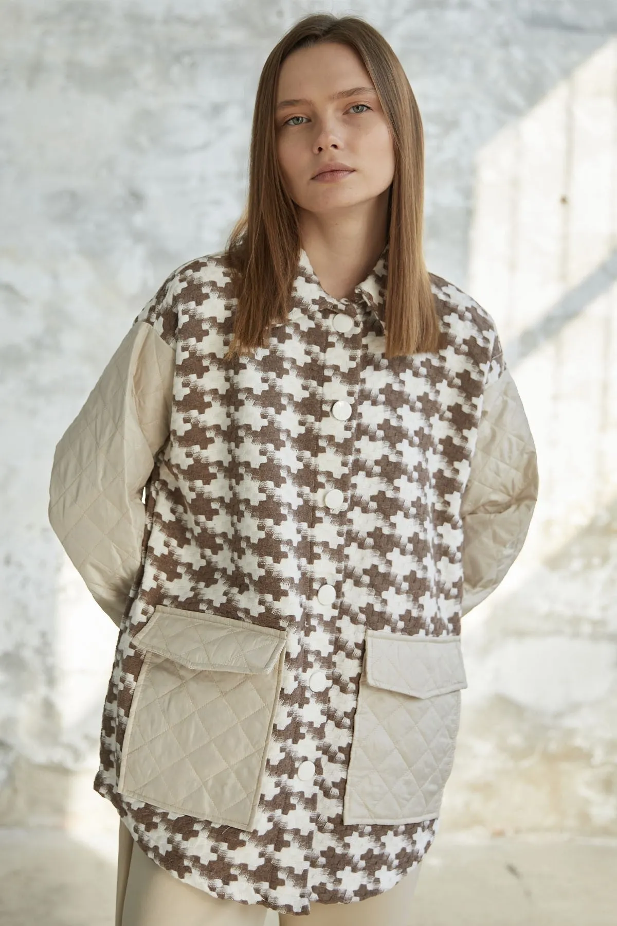 MDS Women Herringbone Pattern Quilted Jacket - Brown - Saint John